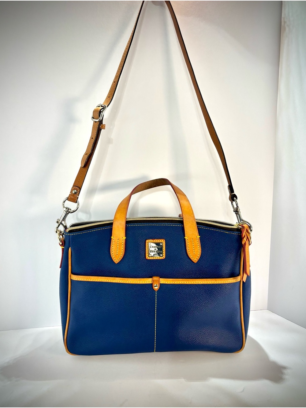Dooney & Bourke Navy and Tan Leather Satchel with Crossbody Strap